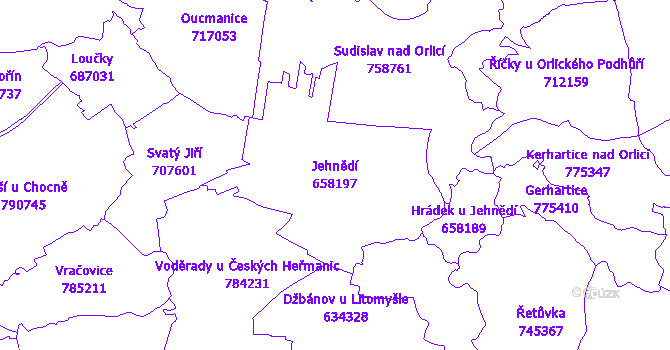 Katastrální mapa Jehnědí - přehledová mapa katastrálního území