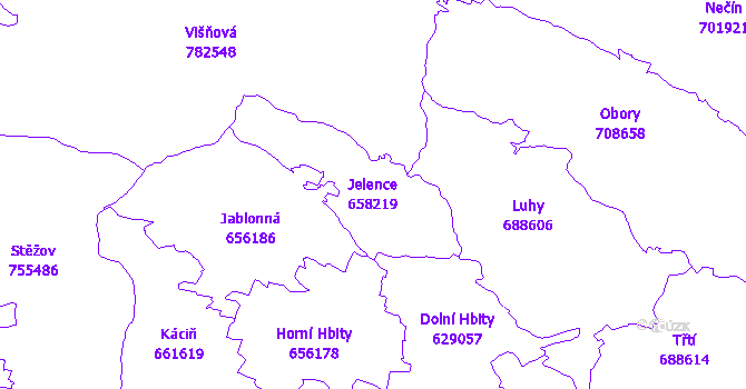 Katastrální mapa Jelence - přehledová mapa katastrálního území