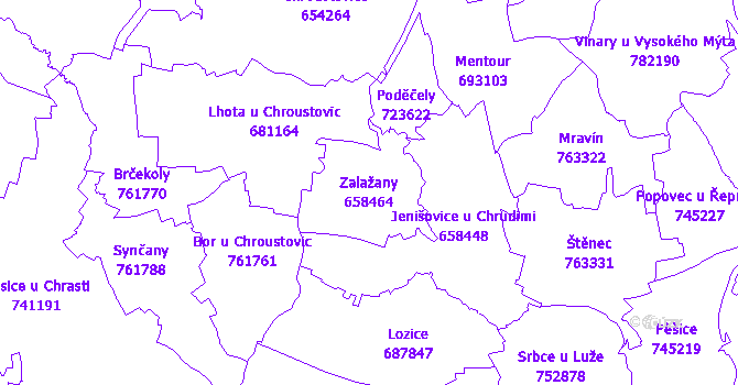 Katastrální mapa Zalažany - přehledová mapa katastrálního území