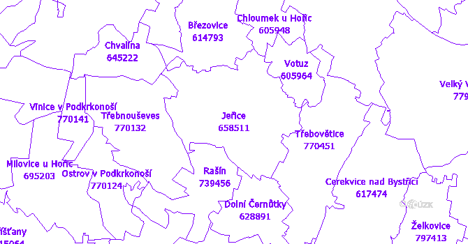 Katastrální mapa Jeřice - přehledová mapa katastrálního území