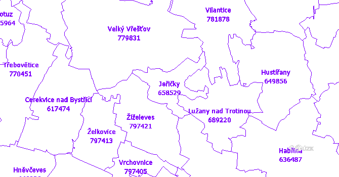 Katastrální mapa Jeřičky - přehledová mapa katastrálního území