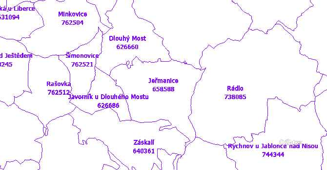 Katastrální mapa Jeřmanice - přehledová mapa katastrálního území