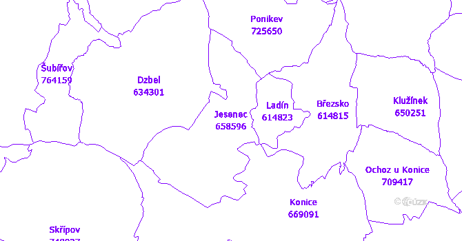 Katastrální mapa Jesenec - přehledová mapa katastrálního území