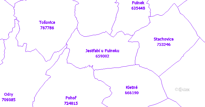 Katastrální mapa Jestřabí u Fulneku - přehledová mapa katastrálního území