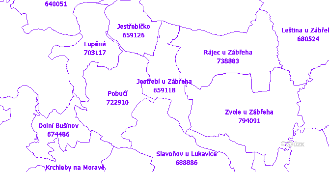 Katastrální mapa Jestřebí u Zábřeha - přehledová mapa katastrálního území