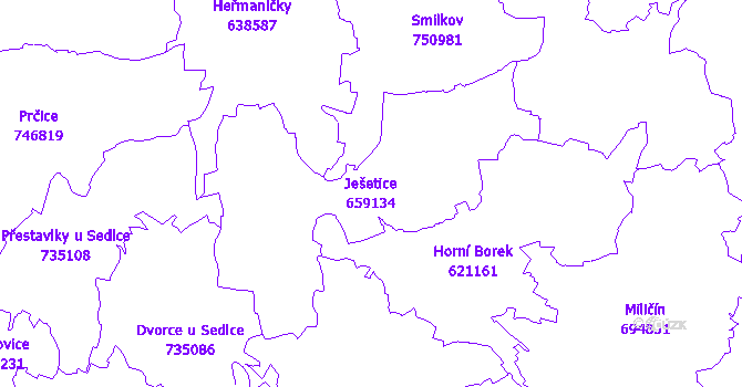 Katastrální mapa Ješetice - přehledová mapa katastrálního území