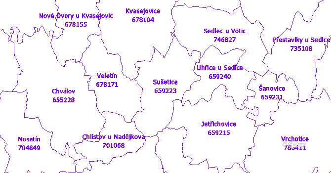 Katastrální mapa Sušetice - přehledová mapa katastrálního území