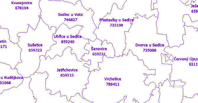 Katastrální mapa Šanovice - přehledová mapa katastrálního území