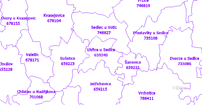 Katastrální mapa Uhřice u Sedlce - přehledová mapa katastrálního území