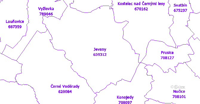 Katastrální mapa Jevany - přehledová mapa katastrálního území