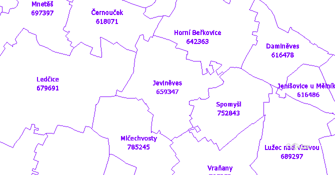 Katastrální mapa Jeviněves - přehledová mapa katastrálního území