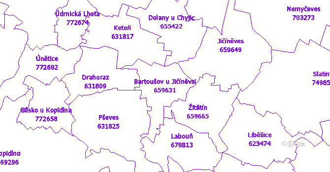 Katastrální mapa Bartoušov u Jičíněvsi - přehledová mapa katastrálního území