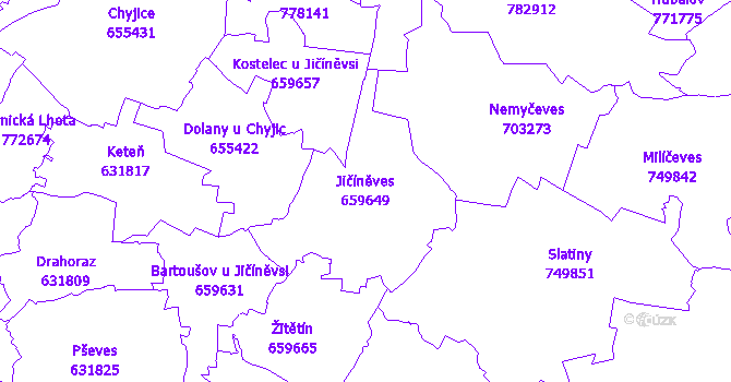 Katastrální mapa Jičíněves - přehledová mapa katastrálního území