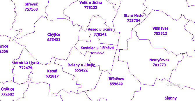 Katastrální mapa Kostelec u Jičíněvsi - přehledová mapa katastrálního území