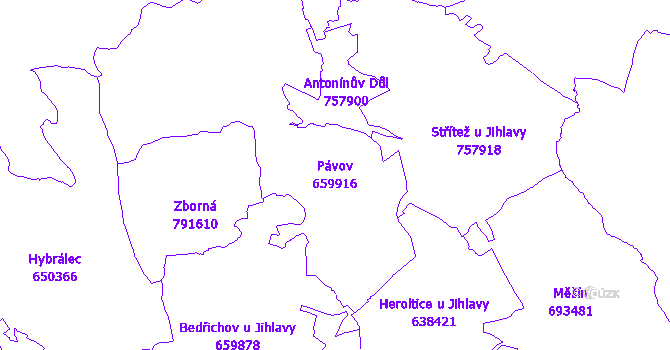 Katastrální mapa Pávov - přehledová mapa katastrálního území