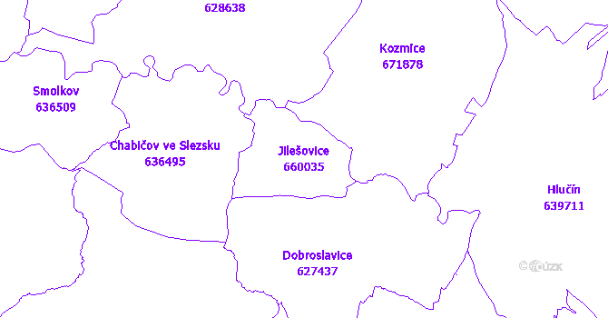 Katastrální mapa Jilešovice - přehledová mapa katastrálního území