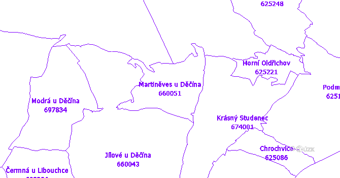 Katastrální mapa Martiněves u Děčína - přehledová mapa katastrálního území