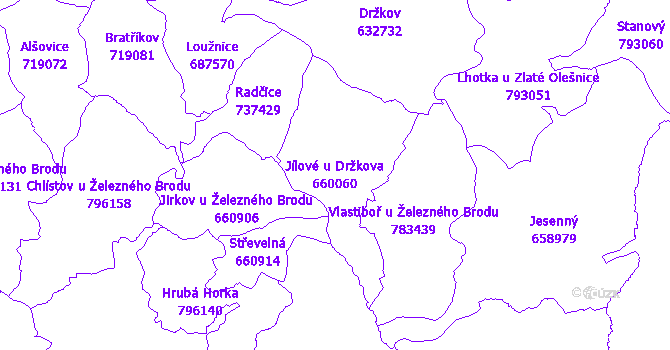 Katastrální mapa Jílové u Držkova - přehledová mapa katastrálního území