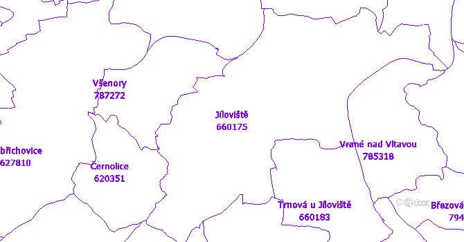 Katastrální mapa Jíloviště - přehledová mapa katastrálního území