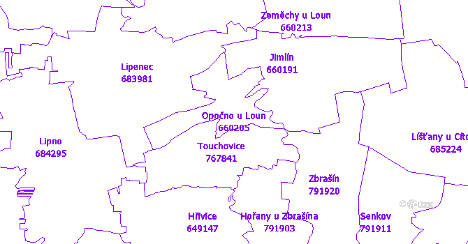 Katastrální mapa Opočno u Loun - přehledová mapa katastrálního území