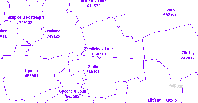 Katastrální mapa Zeměchy u Loun - přehledová mapa katastrálního území