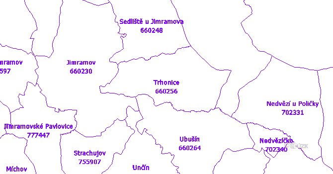 Katastrální mapa Trhonice - přehledová mapa katastrálního území