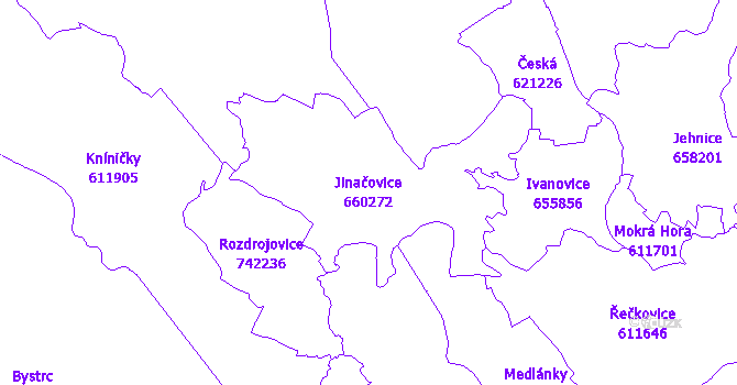 Katastrální mapa Jinačovice - přehledová mapa katastrálního území