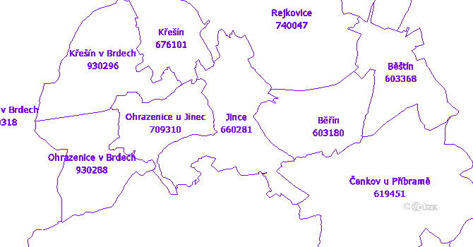 Katastrální mapa Jince - přehledová mapa katastrálního území