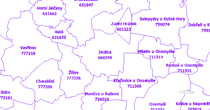 Katastrální mapa Jindice - přehledová mapa katastrálního území
