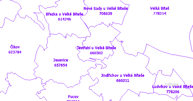 Katastrální mapa Jestřabí u Velké Bíteše - přehledová mapa katastrálního území