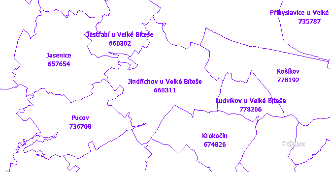 Katastrální mapa Jindřichov u Velké Bíteše - přehledová mapa katastrálního území