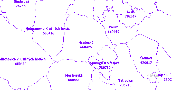 Katastrální mapa Hradecká - přehledová mapa katastrálního území