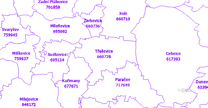 Katastrální mapa Třešovice - přehledová mapa katastrálního území