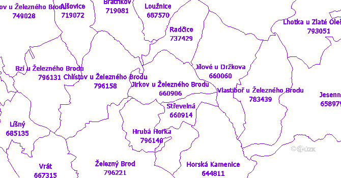 Katastrální mapa Jirkov u Železného Brodu - přehledová mapa katastrálního území