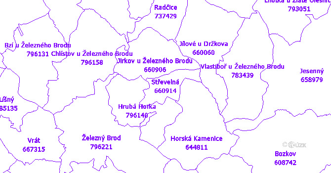 Katastrální mapa Střevelná - přehledová mapa katastrálního území