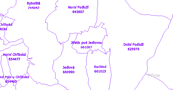 Katastrální mapa Jiřetín pod Jedlovou - přehledová mapa katastrálního území