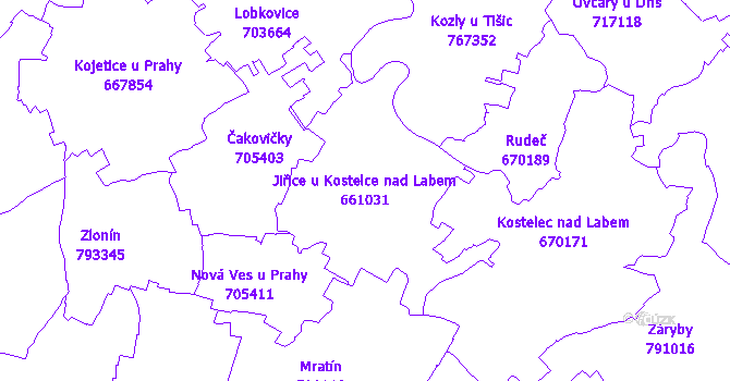 Katastrální mapa Jiřice u Kostelce nad Labem - přehledová mapa katastrálního území