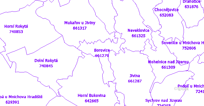 Katastrální mapa Borovice - přehledová mapa katastrálního území