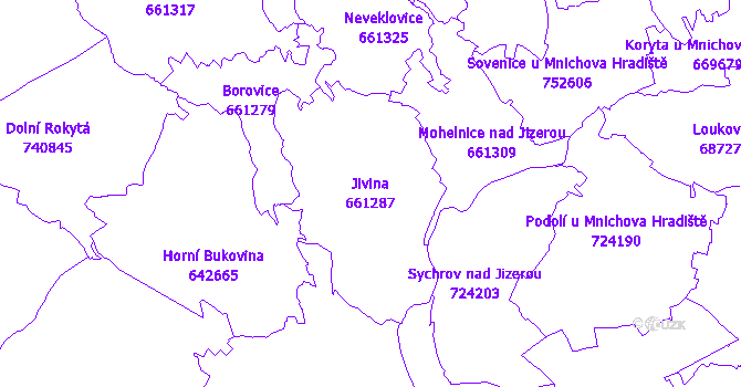 Katastrální mapa Jivina - přehledová mapa katastrálního území