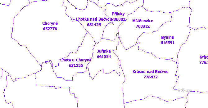 Katastrální mapa Juřinka - přehledová mapa katastrálního území