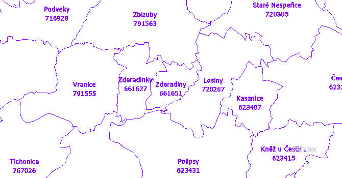 Katastrální mapa Zderadiny - přehledová mapa katastrálního území