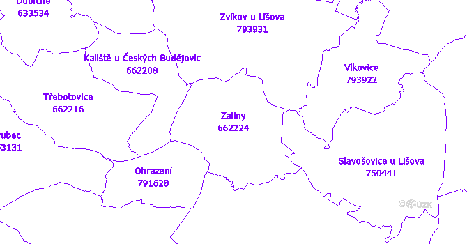 Katastrální mapa Zaliny - přehledová mapa katastrálního území
