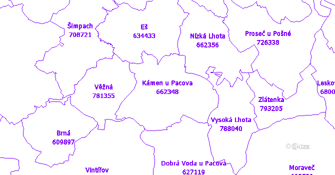 Katastrální mapa Kámen u Pacova - přehledová mapa katastrálního území