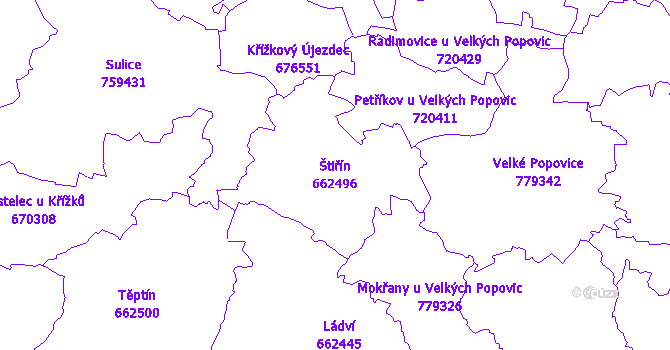 Katastrální mapa Štiřín - přehledová mapa katastrálního území