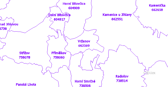 Katastrální mapa Vržanov - přehledová mapa katastrálního území