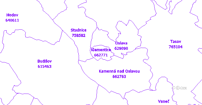 Katastrální mapa Klementice - přehledová mapa katastrálního území
