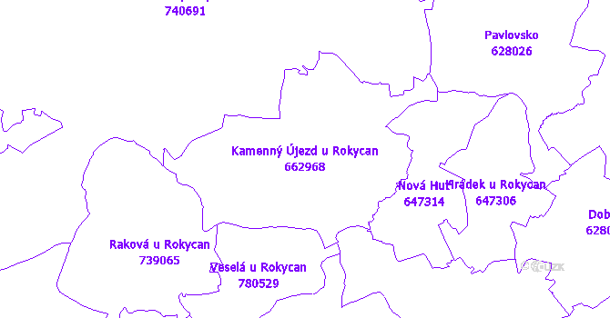 Katastrální mapa Kamenný Újezd u Rokycan - přehledová mapa katastrálního území