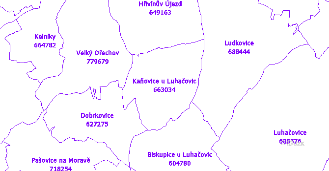 Katastrální mapa Kaňovice u Luhačovic - přehledová mapa katastrálního území