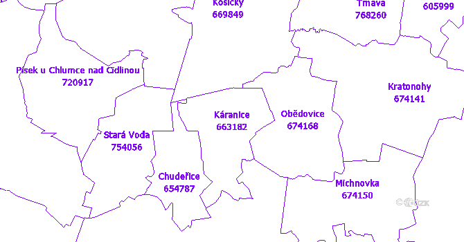Katastrální mapa Káranice - přehledová mapa katastrálního území