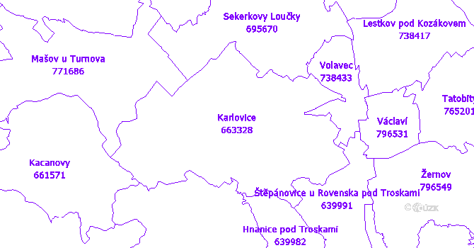 Katastrální mapa Karlovice - přehledová mapa katastrálního území